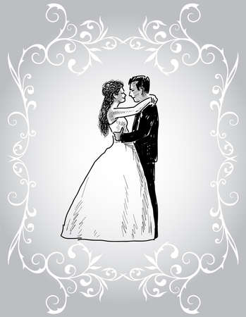 Vector decorative card with happy newlyweds in ornamental frameのイラスト素材