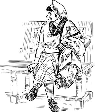 Sketch of elderly woman in beret sitting on park bench and smilingのイラスト素材