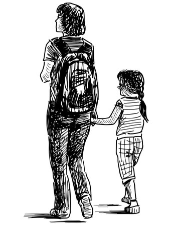 Sketch of young mother with his little daughter walking outdoors on summer dayのイラスト素材