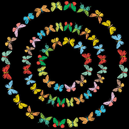 Vector image of decorative round frames from doodles various colorful butterfliesのイラスト素材