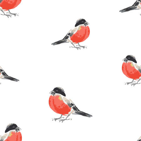 Seamless background of watercolor sketches of bullfinchesのイラスト素材