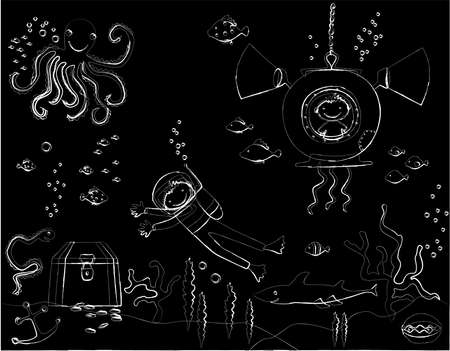 Contour vector illustration of cartoon scuba divers searching for treasure on seabed among marine lifeのイラスト素材