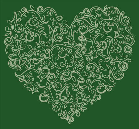 Decorative vector floral heart shape from textured contours curved twigs with leaves and tendrilsのイラスト素材