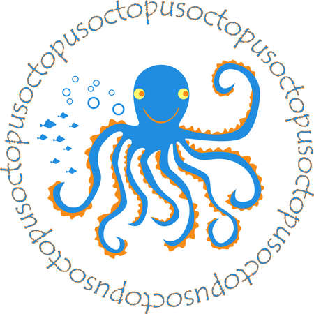 Decorative vector funny cartoon octopus in round lettering borderのイラスト素材