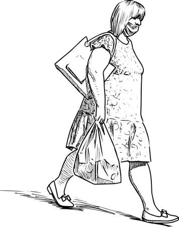 Sketch of casual city woman in mask with bags walking outdoors on sunny summer dayのイラスト素材