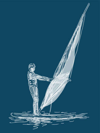 Outline watercolor brush drawing of windsurfer under sail in the seaの写真素材