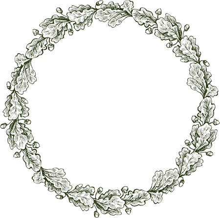 Vector drawing of decorative round border from oak branchesのイラスト素材