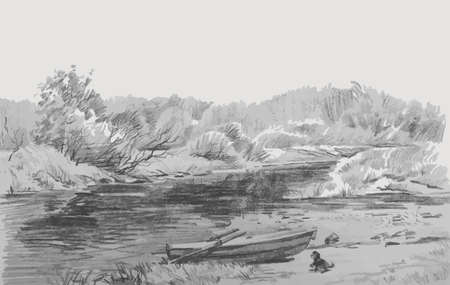 Vector watercolor monochrome drawing of landscape riverside with trees, boat and dogのイラスト素材
