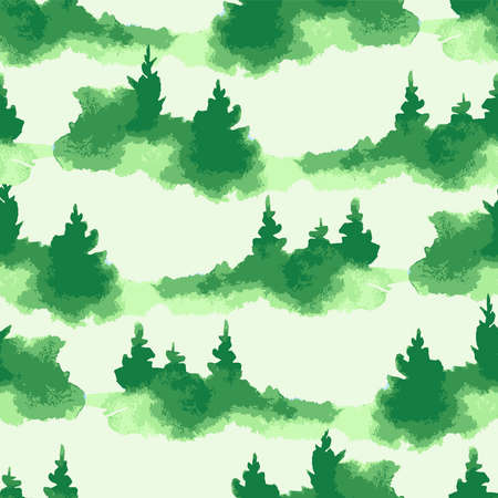 Seamless pattern from watercolor drawings of silhouettes green fir treesのイラスト素材