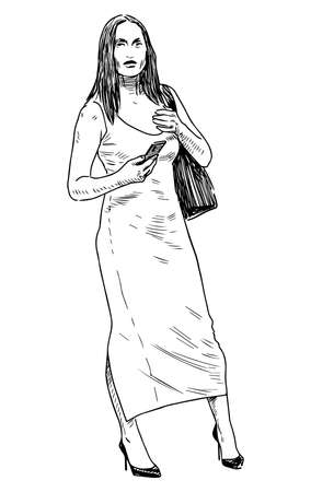 Sketch of young slim city woman with smartphone and handbag standing outdoors on summer dayのイラスト素材