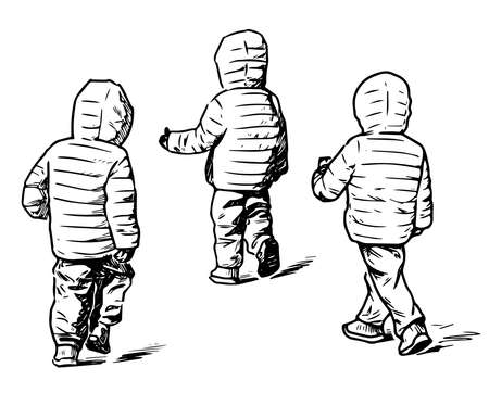 Hand drawing of little children in jackets with hoods walking outdoorsのイラスト素材