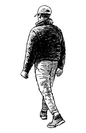 Hand drawing of casual city dweller walking alone outdoorのイラスト素材