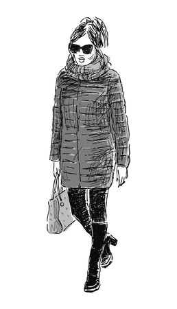Hand drawing of casual young slim fashionable young woman walking down street aloneのイラスト素材