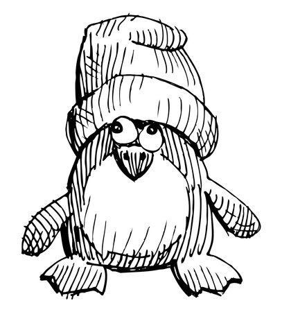 Penguin, water bird, cartoon character, baby animal, funny, hat, beak, doodle, sketch, hand drawn, vector, isolated on whiteのイラスト素材