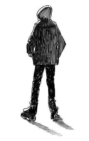 Sketch of teenage school child on roller skates silhouette, realistic hand drawn, rear view, vector illustration isolated on whiteのイラスト素材