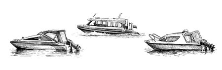Sketches of three motorboats in water, realistic hand drawings, vector illustrationのイラスト素材