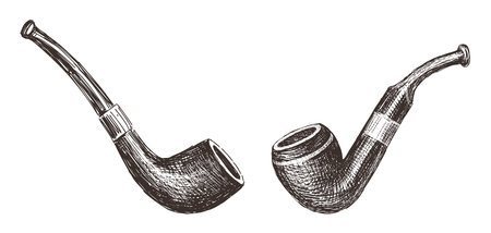 Sketches of two old wooden smoking pipes, realistic hand drawing, vector illustration isolated on whiteのイラスト素材