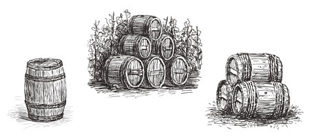 Sketches of wooden wine barrels, casks, vector hand drawn illustration isolated on whiteのイラスト素材