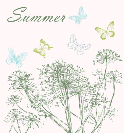 Sketches of umbrella flowers and flying butterflies, lettering summer, hand drawn vector illustrationのイラスト素材