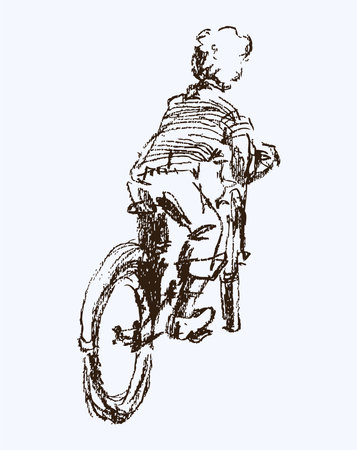 Sketch of little boy riding on bicycle, back view, realistic pencil hand drawing, vector illustrationのイラスト素材