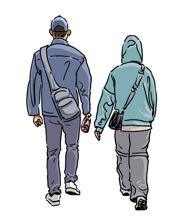 Two young urban dwellers, pedestrians couple walking outdoors, back view, realistic vector illustrationのイラスト素材