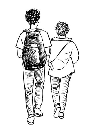 Couple teen students, casual city pedestrians walking outdoors in summer, back view, realistic sketch, contour drawing, vector illustrationのイラスト素材
