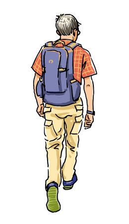 One man tourist with backpack striding outdoors on summer day, back view, realistic hand drawing, vector illustration, white backgroundのイラスト素材