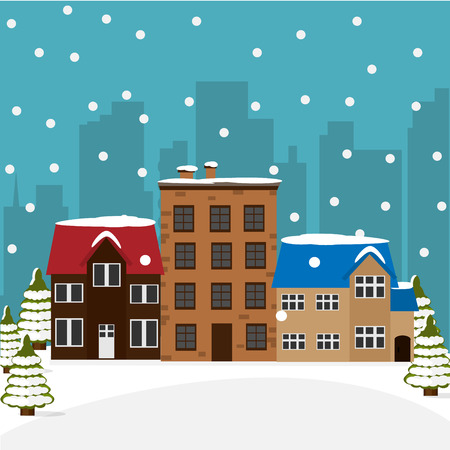 Winter town. Christmas cityscape. New year and Xmas holidays design.のイラスト素材