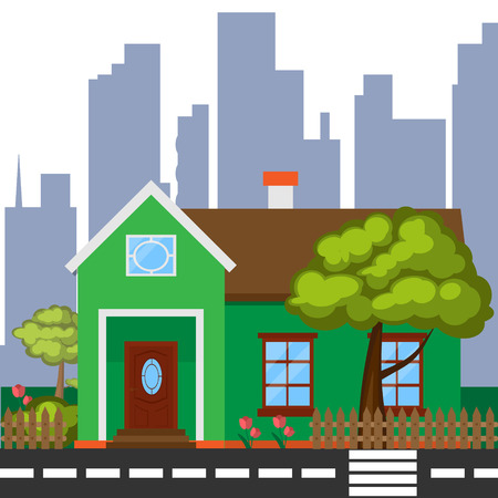 Detailed colorful house. Modern green house in flat styleのイラスト素材