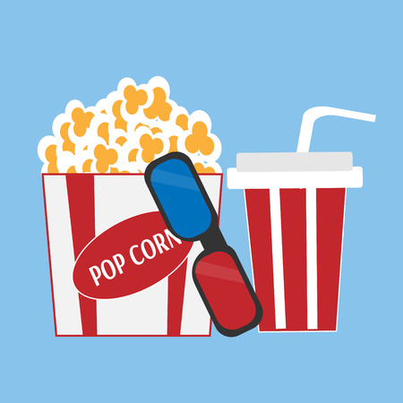 Popcorn and 3d glasses on blue backgroundのイラスト素材