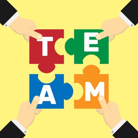 Colorful team puzzle elements with hands.のイラスト素材
