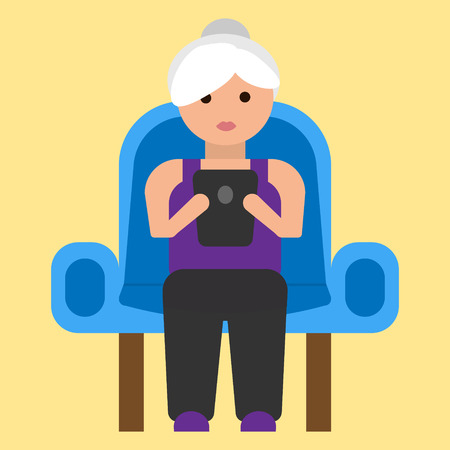 Old woman with tablet on armchairのイラスト素材