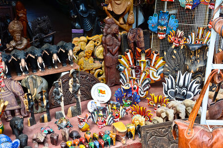 Sri Lankan traditional handcrafted goods for sale in a shop at Pinnawala elephant orphanage in Rambukkana, Sri Lankaのeditorial素材