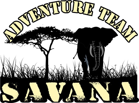 adventure team in africa in the savanna, a tree and an elephant grassのイラスト素材