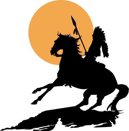 Native American on horseback with lance in silhouette at sunsetのイラスト素材