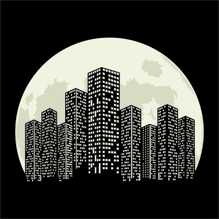 Panorama of the big city at night. Sketches of skyscrapers with the background of a big moon. Black and white vector illustration.のイラスト素材