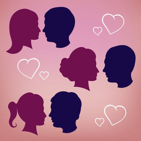 Silhouettes of lovers. Pink fon. girl and boyのイラスト素材
