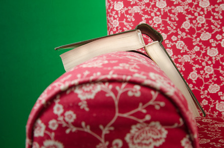 Book on red armchair rest left after reading, with green background.の写真素材