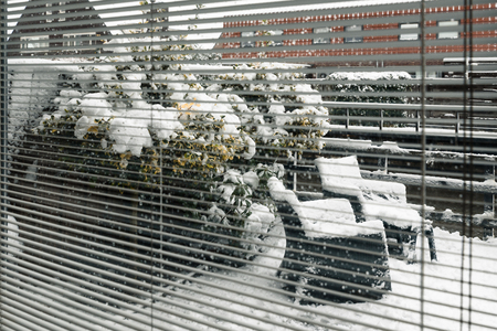 Backyard, garden furniture seen through the door, window with horizontal blinds, jalousie, from inside, outside chairs under snow. の写真素材