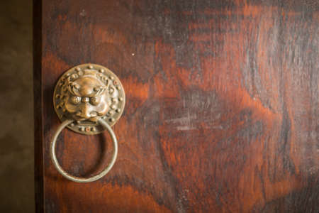 Close up of antique door knocker on a wooden door. Selective focus.
