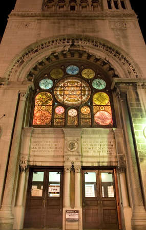 Church entrance at nightの写真素材