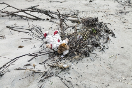 NEW YORK - NOVEMBER 1, 2012  Abandoned Teddy Bear on the sand of Brighton Beach after Hurricane Sandy in Brooklyn area on November 1, 2012, Brooklyn, NYのeditorial素材