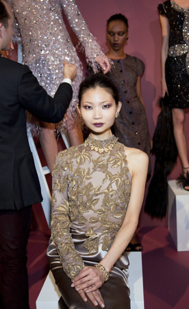 NEW YORK, NY - FEBRUARY 11  Model poses at the Norman Ambrose Fall 2011 presentation during Mercedes-Benz Fashion Week at The Box at Lincoln Center on February 11, 2011 in New York City のeditorial素材