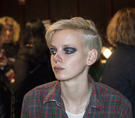 New York, NY, USA - February 06, 2014  A model prepairs backstage  at Jay Godfrey Presentation during Mercedes-Benz Fashion Week Fall 2014 at The Hub at The Hudson Hotelのeditorial素材