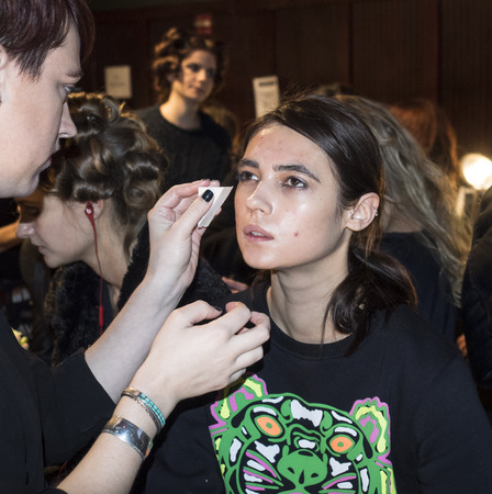 New York, NY, USA - February 06, 2014  A model prepairs backstage  at Jay Godfrey Presentation during Mercedes-Benz Fashion Week Fall 2014 at The Hub at The Hudson Hotelのeditorial素材