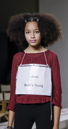 New York, NY, USA - October 19, 2014: A model walks the runway rehearsal during the Bonnie Young collection preview at petitePARADE/Kids Fashion Week at Bathhouse Studios, Manhattanのeditorial素材
