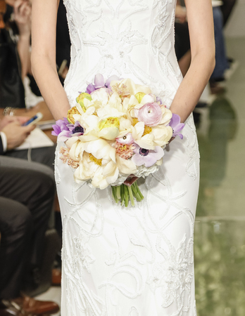 New York, NY, USA - April 16, 2015: A model walks runway for Theia Spring 2016 Bridal Collection at Theia Showroom during New York Bridal week, Manhattanのeditorial素材