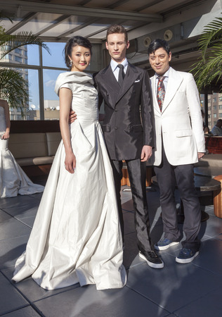 New York, NY, USA - April 18, 2015: Malan Breton with models pose at The Spring Summer 2016 Malan Breton presentation for brides and grooms at The Empire Hotel Rooftop during New York Bridal week, Manhattanのeditorial素材