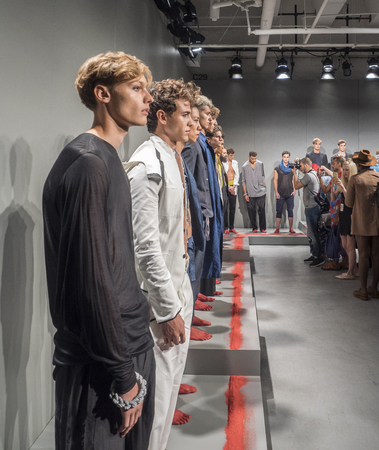 New York, NY, USA - July 16, 2015: Model pose at the deTROIT mensweare collection presentation by...
