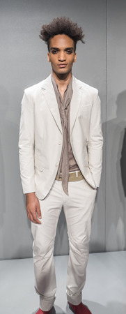 New York, NY, USA - July 16, 2015: A model poses at the deTROIT mensweare collection presentation by John Varvatos during New York Fashion Week: Men's S/S 2016 at Skylight Clarkson Sq, Manhattanのeditorial素材